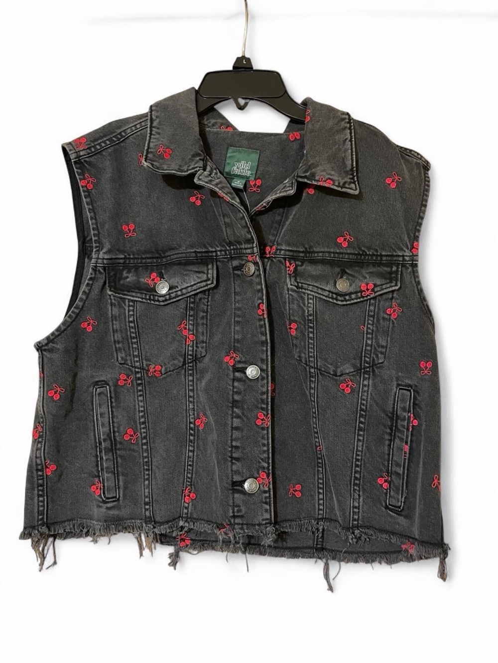Wild Fable-Embroidered Black Denim Vest with Red Accent - Women's Jacket